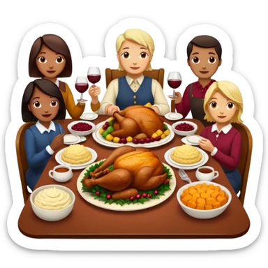 Thanksgiving Dinner with 6 friends of all different races around the table; have the food be a cooked turkey, mashed potatoes, corn, a basket of biscuits, a small bowl of cranberry sauce, baked yams, steamed vegetables, and a bottle of wine. sticker