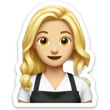 A tall blonde hairdress with black apron and scissors sticker