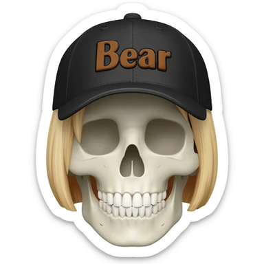 Create a skeleton head wearing a black baseball cap that says "Bear" in brown lettering, with short blonde hair sticker