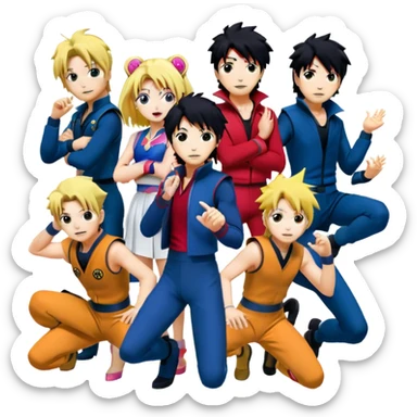 Icon for Anime Collage: Vibrant close-up collage Characters from Cowboy Bebop, Naruto, Bishoujo Senshi Sailor Moon and Kimetsu no Yaiba, each in their iconic poses and vibrant outfits, blended together with dynamic backgrounds. Transparent background. sticker