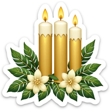 Aesthetic scenic romantic vintage styled beautiful gorgeous holy divine spiritual pretty elegant sparkly shiny scene of Candles, flowers, plants leaves, scenic aesthetic scenery sticker