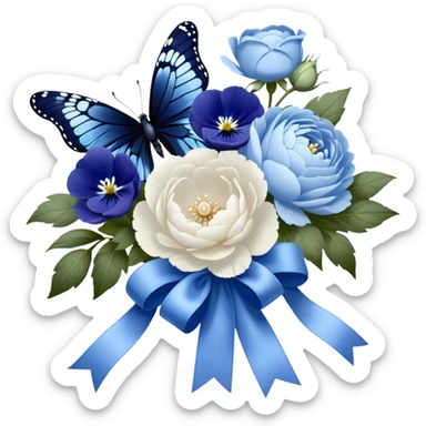 An elegant butterfly with midnight blue and sky blue wings, accented with delicate white tracings, hovering above a beautifully arranged bouquet of soft pastel blue peonies and deep indigo pansies, tied together with a flowing pearl satin ribbon. sticker