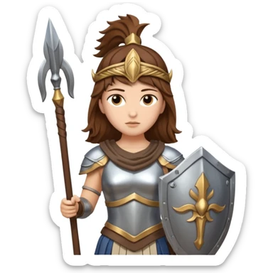brown haired Athena the Greek goddess of disciplined, strategic warfare, calm, commanding figure leading with intelligence not force. wears light armour carries a spear, symbolising protection precise judgement. strategy, not aggression, embodying clarity, foresight and decisive action. sticker