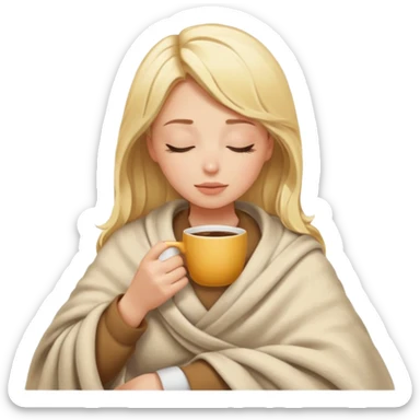Blonde girl inside a blanket sipping coffee eyes closed sticker