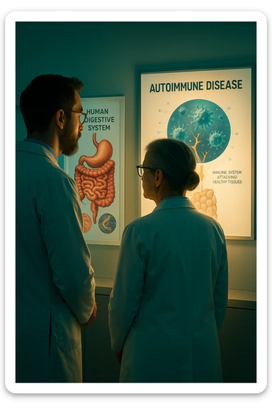 In italiano Realistic, detailed photo taken from behind of two doctors—a bearded man and a middle-aged woman—standing side by side in a modern medical office, intently studying a large, illuminated medical chart on the wall. The chart displays a detailed diagram of the human digestive system, highlighting the intestines and showing microscopic images of intestinal parasites. Next to it, another chart illustrates the immune system attacking healthy tissues, visually connecting gut parasites to autoimmune disease mechanisms. The room is bathed in a single green-blue color, with a warm, yellow-orange light casting soft shadows around the doctors. Both wear white coats and have serious, focused expressions, suggesting a deep discussion about the root causes of autoimmune conditions. Shot with a Canon EOS R5, with high detail, natural depth of field, and a clinical yet dramatic atmosphere. sticker