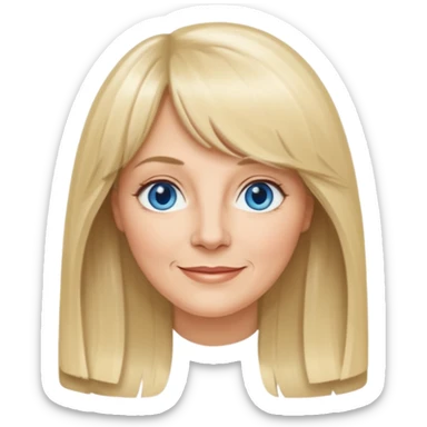50 yr old white woman, curtain bangs, very long straight blond hair, oval face, small smile, blue eyes sticker