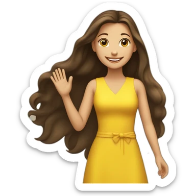 Brunette happy girl with long hair shake her hand for say hi! to someone. She is wearing a yellow dress sticker