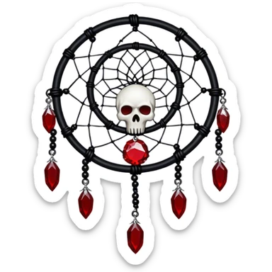 Blood-red, bloody, obsidian-black, edgy, dream catcher, red gemstones, black wires, black threads, tiny white skulls, sticker