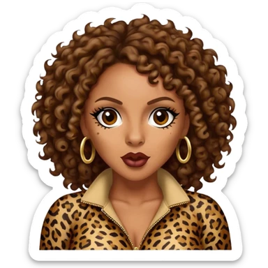 Melanie Brown with brown curls wearing leopard print and sneering sticker
