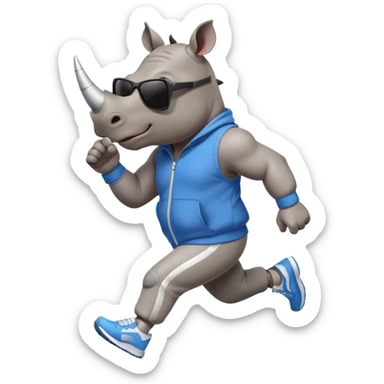 friendly anthropomorphised rhino jogging upright, wearing a sporty tracksuit and sneakers, dark sunglasses, standard pose sticker