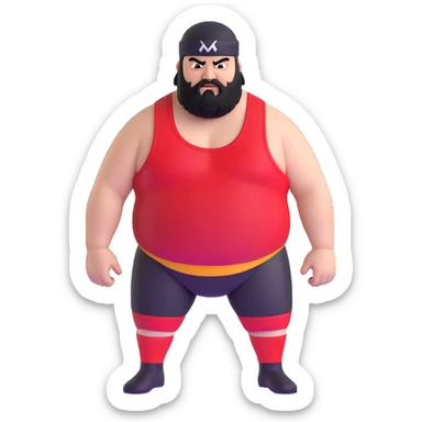 White skin fat guy with prominent black durag, black beard, black eyes in a red and black wrestling singlet with angry face sticker