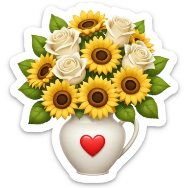 Bouquet with yellow roses sunflowers and white roses in a white vase with hearts and a white bow sticker