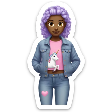 girl with a lavender bun wereing pink jeans, a purple top with a heart,and a jean jacket with a unicorn sticker