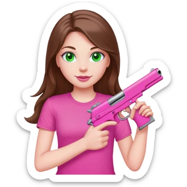 mid sized white skinned girl with green eyes and long brown holding a pink gun smiling in a pink t-shirt with pink lips sticker