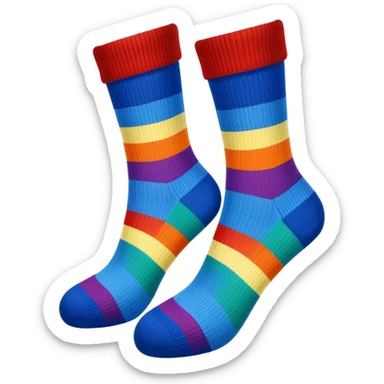 rainbow hand knit socks with royal blue colored heel and toe sticker