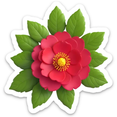 Detailed camellia japonica (tsubaki) flower with rich red formal double form petals, yellow stamens and shiny evergreen leaves sticker