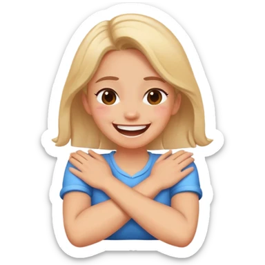 A girl with crossed arms, her hands on her neck  her self while laughing  sticker