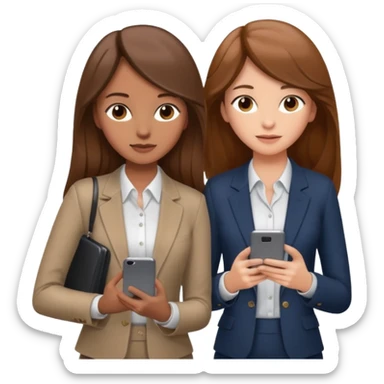 two brown haired girls, looking professional maybe leaned on each others back and looking forward and using phones, with long hair and one girl can hold lap top another one can hold the phone, professional clothes, more stylish sticker