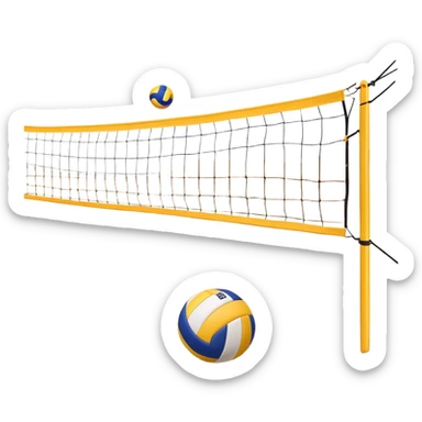 A close-up volleyball net with a ball hovering above it, set against the backdrop of a sandy volleyball court. The scene highlights the tension of an impending play, with the court lines clearly visible and a bright, sunny atmosphere surrounding the action. sticker