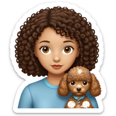 Medium skin toned girl with brown-black curly hair with brown eyes holding a light brown miniature poodle sticker