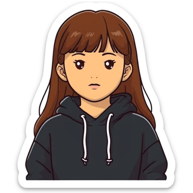 Light skinned girl with brown eyes, long brown hair with bangs, wearing a black sweatshirt sticker