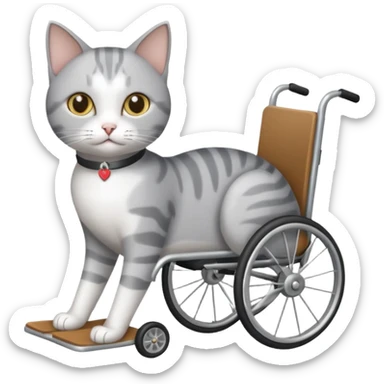 grey and white cat in a wheelchair designed for cats to walk sticker