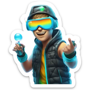 Caucasian boy in glowing rave outfit with mask, sunglasses, and headgear, shooting bubbles out of a water gun sticker