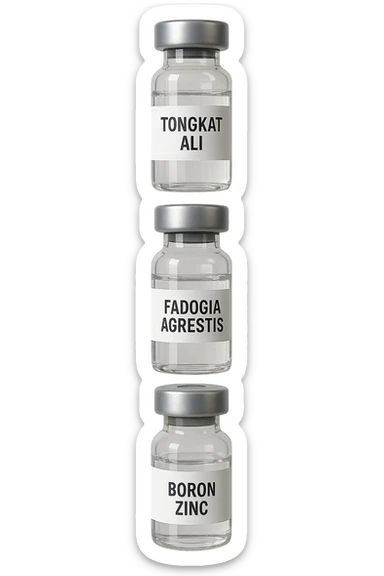 3 fiale mediche: Tongkat Ali, Fadogia Agrestis, PT-141, Boron e Zinco fluttuano in aria verticalmente sticker