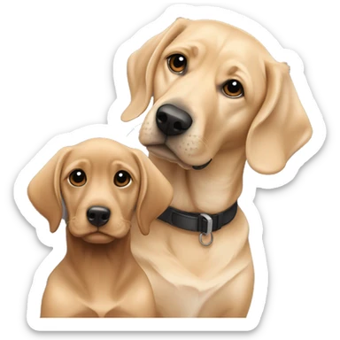 Large, all black, short haired lab dog sitting next to small, all blonde, miniature dachshund puppy  sticker