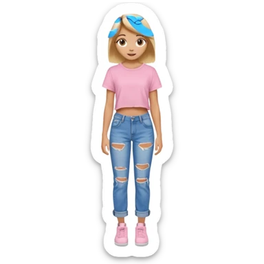 preppy teen girl, tan, blonde highlights, brown hair, long eyelashes, beach aesthetic, wearing cute clothes, sexy, wearing ripped blue baggy jeans with a light pink crop top, a little revealing  sticker