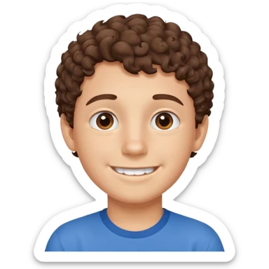 Boy with fair skin, short curly brown hair, brown eyes, smiling without showing his teeth.
 sticker