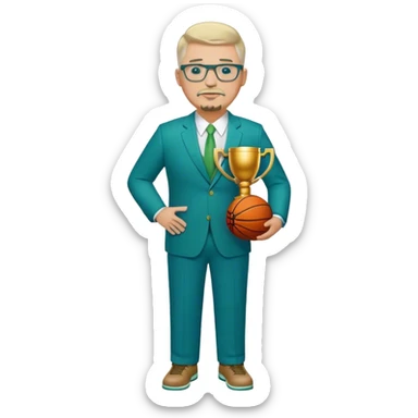Full Body white fat male  wearing glasses with a goatee with light blonde gray very short hair basketball head Coach in blue and green suit holding trophy sticker