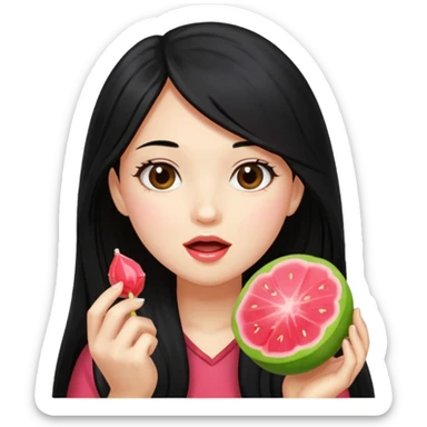 A girl with long black hair holding a piece of guava hard candy and pretending to eat it sticker