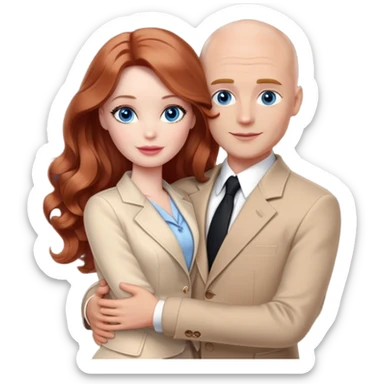 Barbie girl  , eyes blue , Chestnut red long wavy hair In pale beige clothes, Hugs a man with light brown hair bald, brown eyes , and a black suit sticker