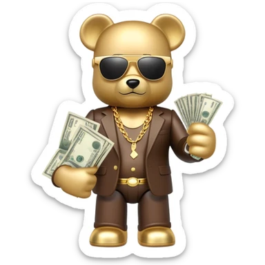 hustler bearbrick toy figure wearing gold chain, sunglasses and money sticker