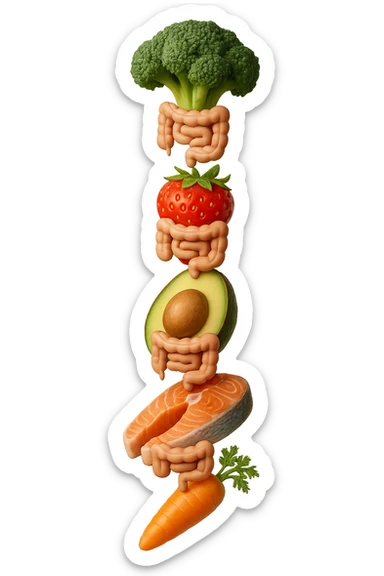 cibo sano fluttua in aria verticalmente stringendo piccoli colon umani, stile emoji iphone, iperrealistico 4k sticker