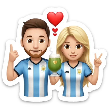 Messi in Argentina jersey and Shakira in a stage outfit, toasting with yerba mate, both smiling, cute and fun emoji style, with hearts around them sticker