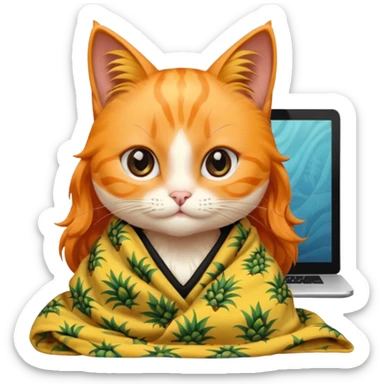 An orange female cat with a computer, with long eyelashes and black wavy hair,
She wears a blanket with pineapple patterns on her body, There's no pineapple sticker