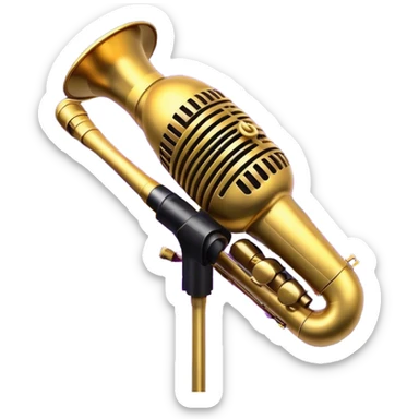 Create a vibrant and expressive emoji representing jazz vocal performance. The design should feature a vintage microphone at the center, surrounded by musical notes and soundwaves flowing outward, symbolizing the vocal improvisation and fluidity of jazz. Include key instruments often associated with jazz vocals, such as a jazz piano (stylized black keys) in the background and a saxophone or trumpet, giving it a true jazz vibe. Add soft lighting effects to evoke the intimate, atmospheric feel of a jazz club. Use rich colors like gold, black, deep purple, and red to reflect the soulful, smooth nature of jazz. The background should be transparent. sticker