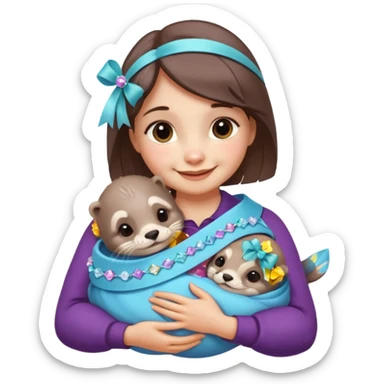 woman hugging baby otters with ribbons and crystals sticker