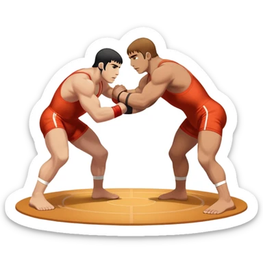 An icon symbolizing Greco-Roman wrestling, showing two wrestlers locked in a powerful grip, focusing on upper-body techniques. The background features a wrestling mat, with the athletes wearing traditional singlets. Transparent background highlights the strength and skill of the sport. sticker