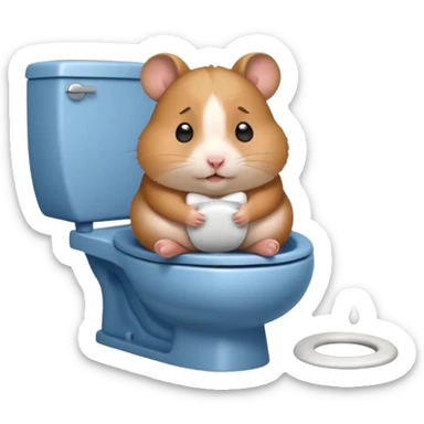 Cute chubby cartoon-style hamster sitting on toilet pooping looking as if he had an accident sticker