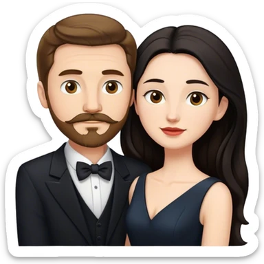 married couple portrait, tall white man with brown hair goatee mustache embracing a pale woman with long black hair, wearing formal clothing sticker