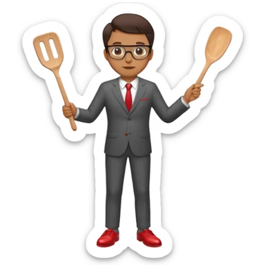 man with glasses wearing a suit and red shoes holding a spatula sticker
