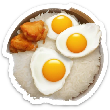 a bowl of rice with two eggs and chicken thigh sticker