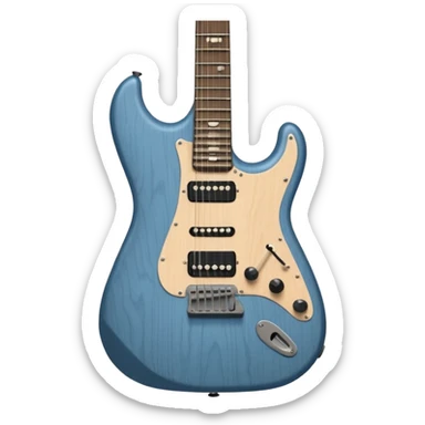 A gray-blue electric guitar with a black pick guard and only one volume knob  sticker