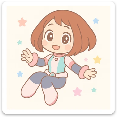 Ochaco Uraraka floating with zero gravity, short brown hair, anime style, My Hero Academia theme sticker
