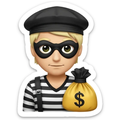 a short ios emoji-style portrait of a classic burglar, a black eye mask and a black-and-white striped shirt. emoji-like hair, black hat, a bag of money 💰 with a dollar sign in a right corner, evil expression  sticker