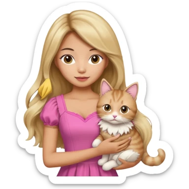 An Asian lady with long, voluminous, balayage hair, blonde highlights in a pink dress, holding a ragdoll cat  sticker
