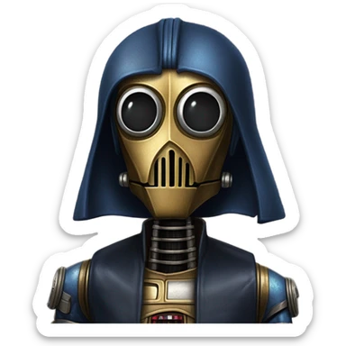 well-equipped jedi first order human-sized darkblue-pearl C3po as a friendly bounty hunter droid wearing a leather attire old west duster coat holding light saber ready to fight but relaxed. antiqued sticker